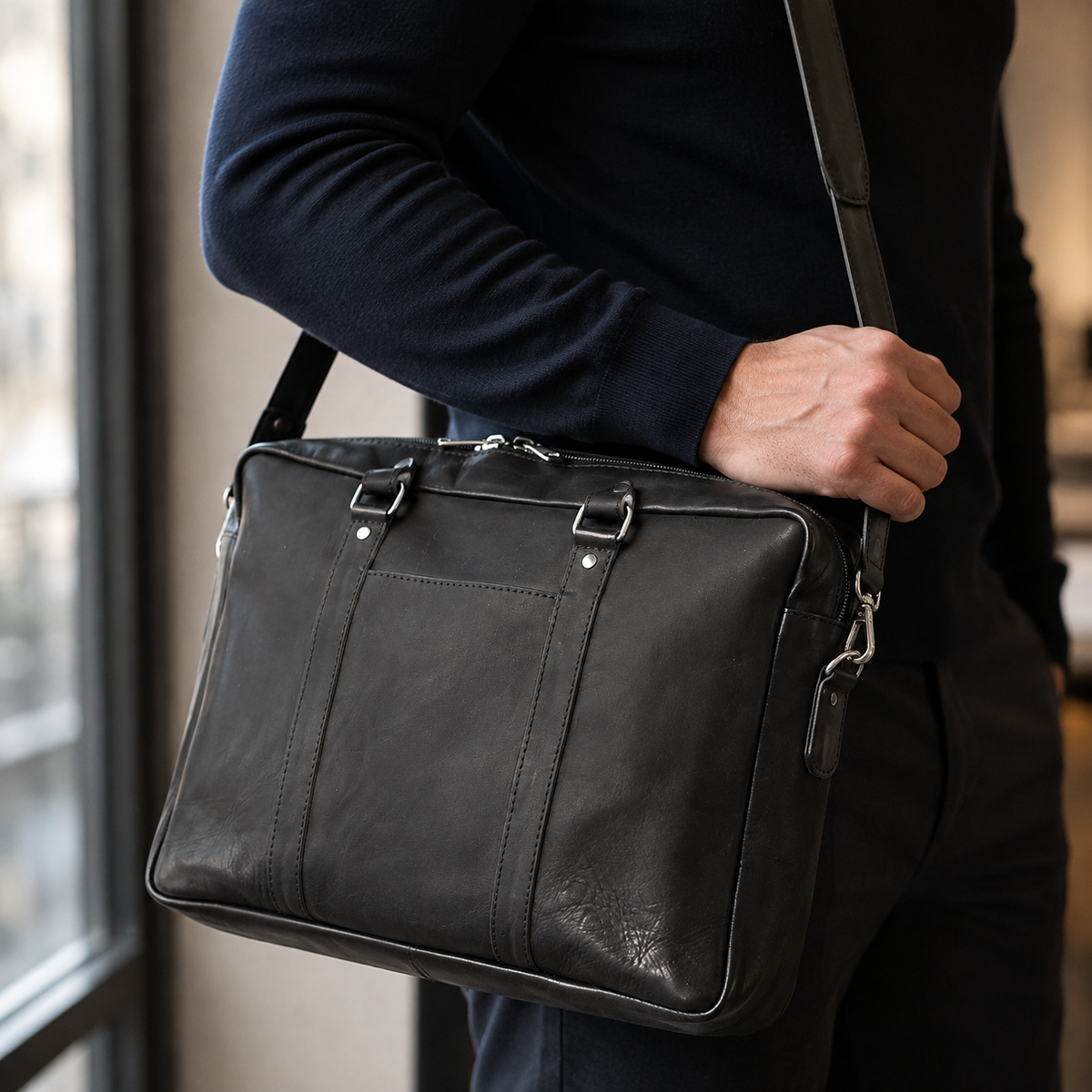 Black Leather Office Bag for Laptop | LE-2287